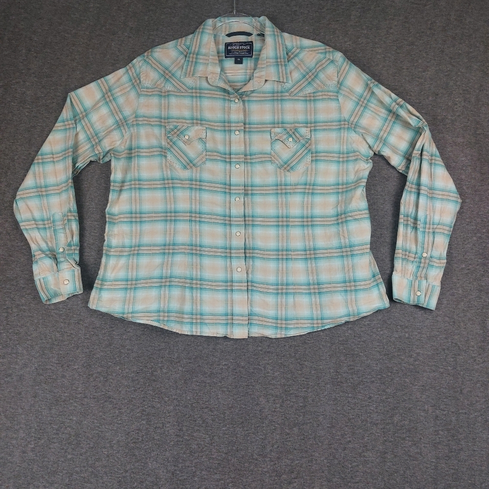 ROUGH STOCK PANHANDLE SLIM WOMENS BLUE TAN PLAID PEARL SNAP WESTERN SHIRT SZ XXL
